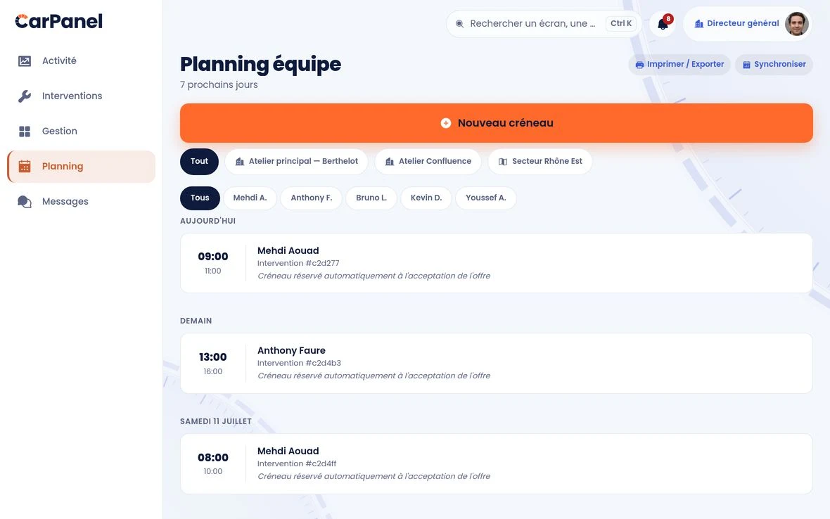 Le planning de l'équipe dans CarPanel, rempli automatiquement à l'acceptation des devis.
