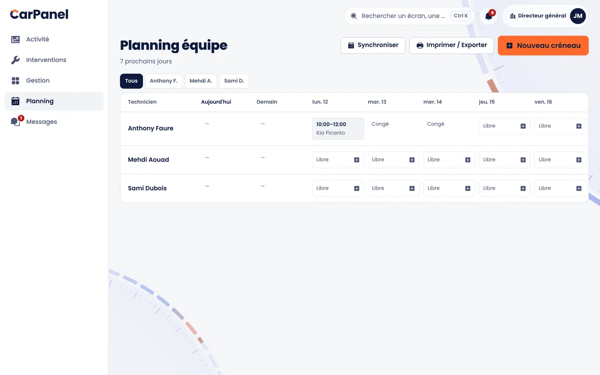 Le planning de l'équipe dans CarPanel, rempli automatiquement à l'acceptation des devis.