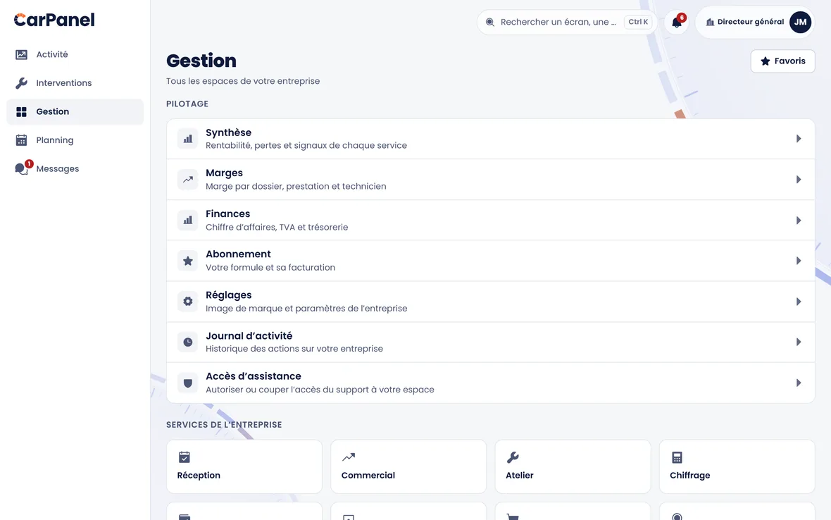 Le hub des services CarPanel : réception, commercial, atelier, chiffrage, comptabilité, magasin, qualité, RH, flotte…
