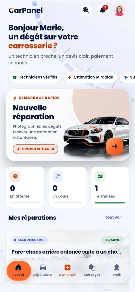L'accueil client CarPanel : lancer une nouvelle réparation en photographiant les dégâts.