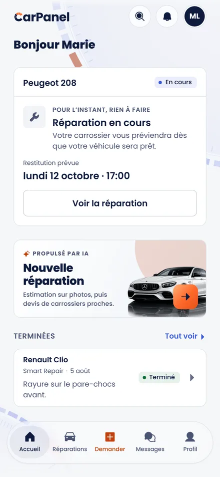 L'accueil client CarPanel : lancer une nouvelle réparation en photographiant les dégâts.