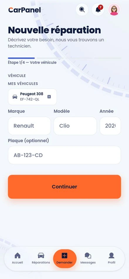 La demande de réparation CarPanel : véhicule pré-rempli, description et photos.