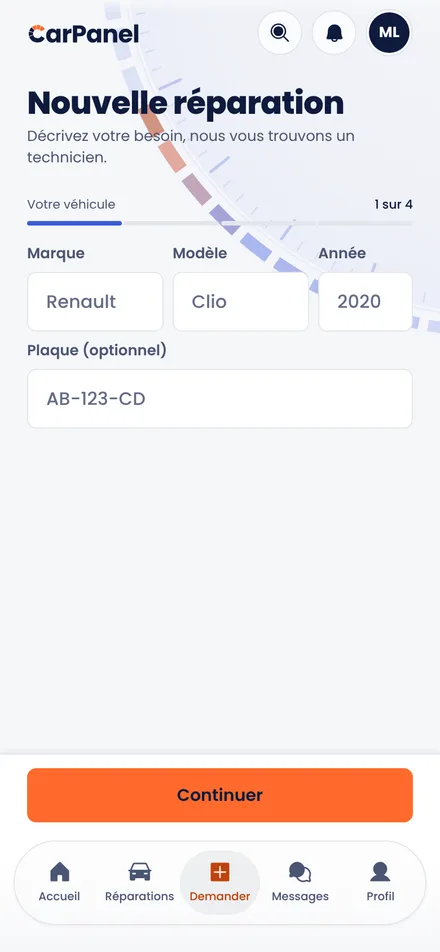 La demande de réparation CarPanel : véhicule pré-rempli, description et photos.