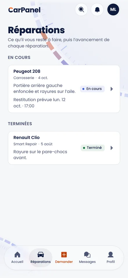 Le suivi des réparations dans CarPanel : statut, montant et historique de chaque dossier.