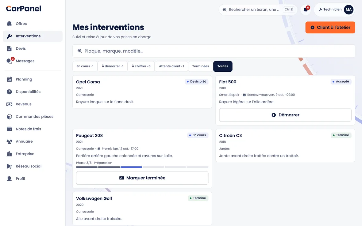 Les interventions dans CarPanel : smart repair, jantes et carrosserie — véhicule, état et prochaine action sur chaque dossier.